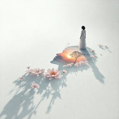 The primary subject of the image is a woman standing on a white surface, which appears to be a white sheet or a white background. She is positioned in the center of the scene. The setting is a simple, minimalistic environment, with no other objects or people visible. The visual style of the image is a combination of photo and digital art, as it features a realistic woman but also has a digital art-like quality to it. The colors in the image are predominantly white, giving it a clean and serene atmosphere.